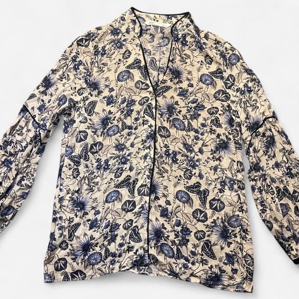 ZARA Z1975 Denim Wool Blend Blouse Blue and Cream Floral Lightweight Top SZ S